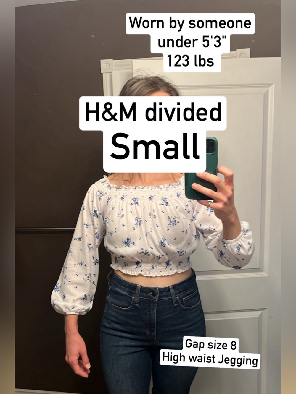 H&M Divided Blue ditsy Floral on white Smocked Crop Top. Off /on shoulder Small